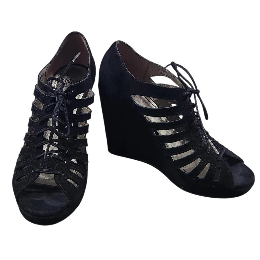 Suede Caged Lace-Up Wedge Sandals 7M Johnston & Murphy Black